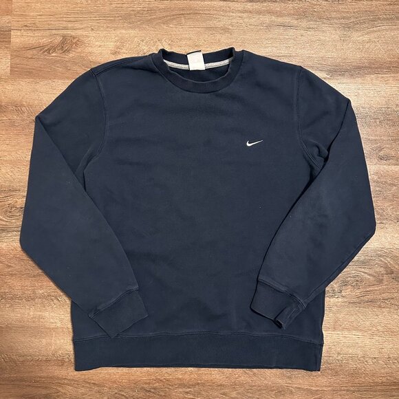 Nike Crewneck Sweater Mens L Navy Blue Long Sleeve Distressed Cotton Sweatshirt - Picture 1 of 7